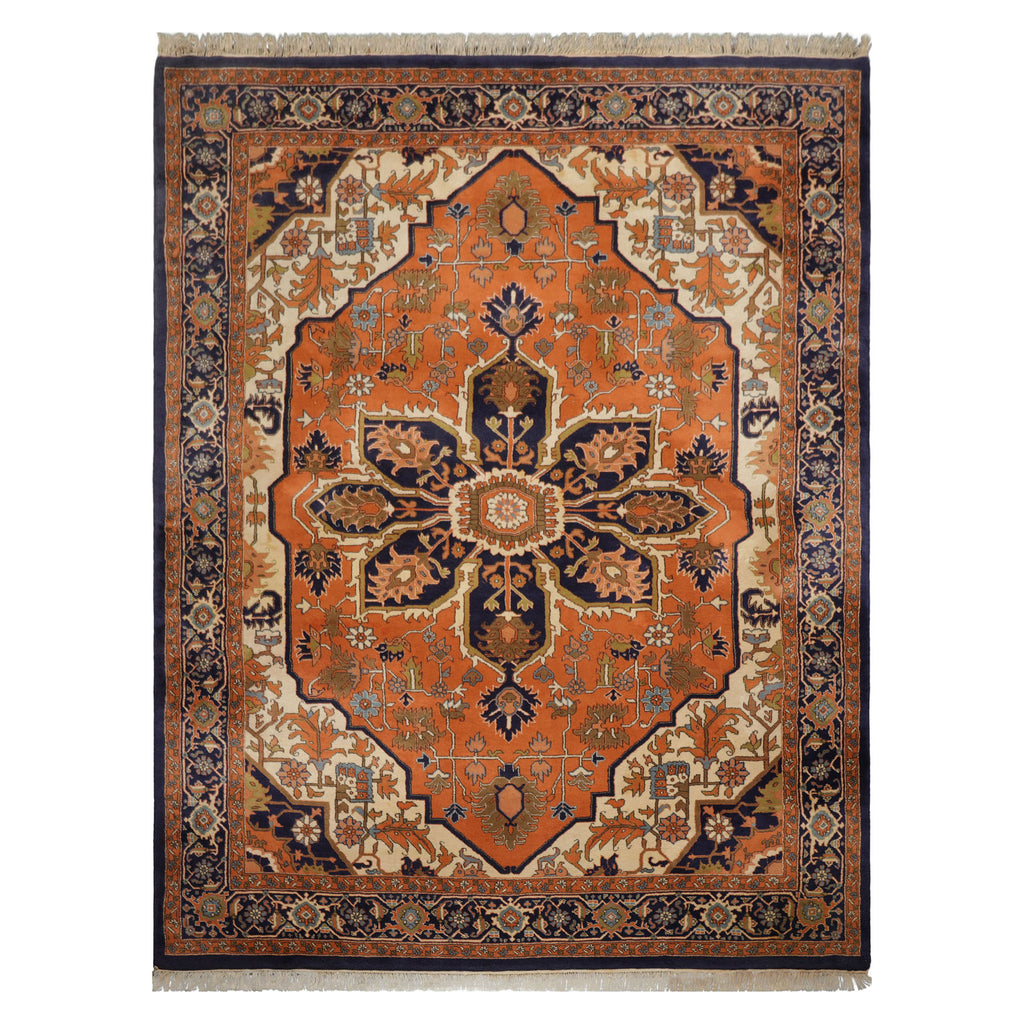 9x12 Muted Orange, Ivory, Navy Color Hand Knotted Heriz Wool Traditional  Oriental Rug