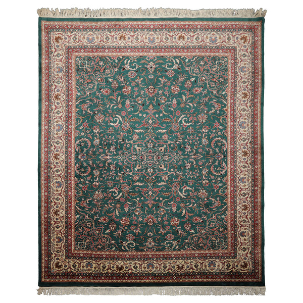 8x10 Emerald, Ivory, Rose Color Hand Knotted Kashan Wool Traditional  Oriental Rug