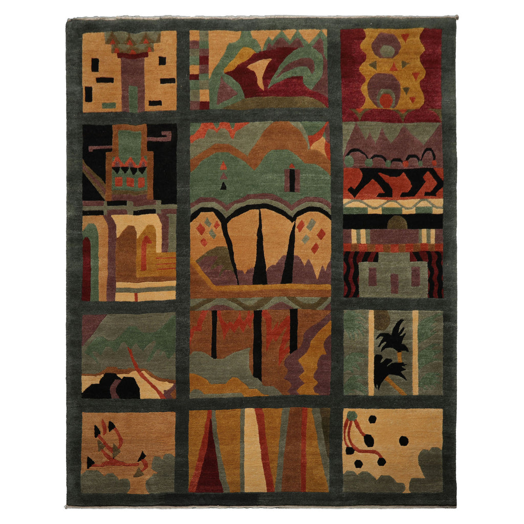 8x10 Teal, Peach, Gold Color Hand Knotted Tibetan Wool Arts & Crafts  Oriental Rug