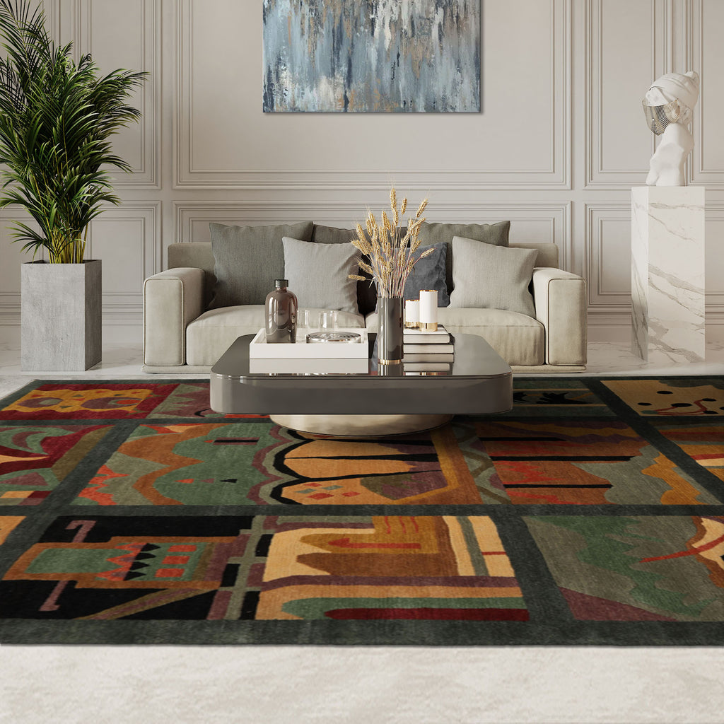 Teal 8'x9'11" Tibetan Arts & Crafts Geometric Hand Knotted Wool Tufenkian Deco Panel Spruce Swiss Wash Plush pile Oriental Area Rug