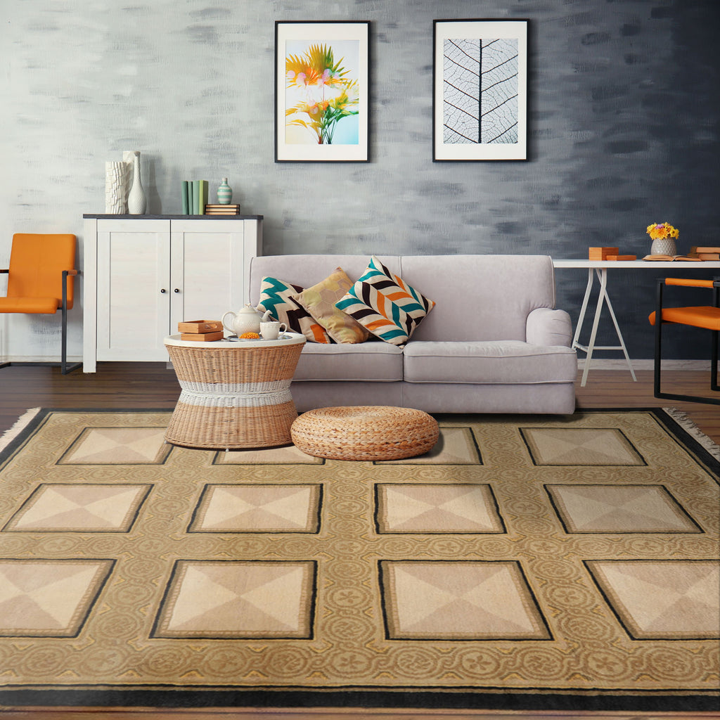 Ivory 8x10 Tibetan Traditional Geometric Hand Knotted Wool French Savonnerie design Plush pile Oriental Area Rug