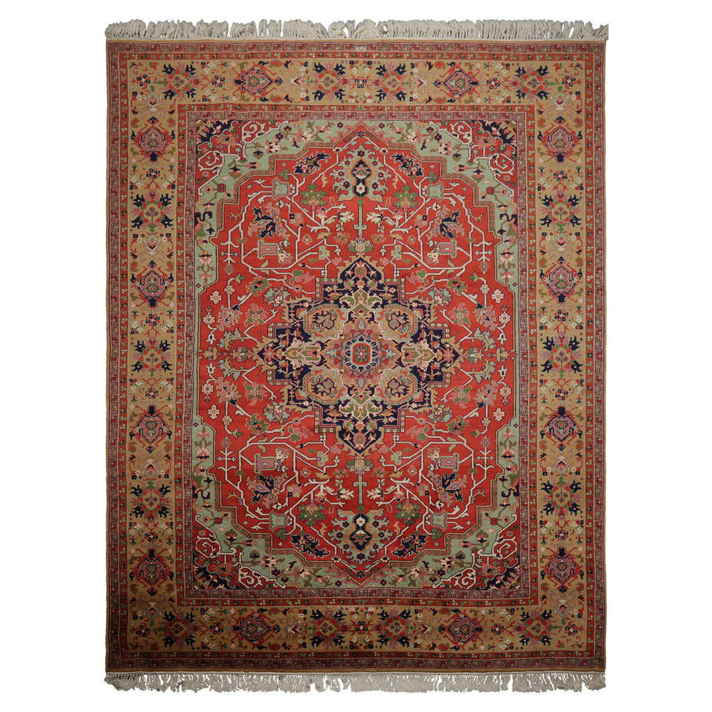 9x12 Coral, Tan, Navy Color Hand Knotted Heriz New Zealand Wool Traditional  Oriental Rug