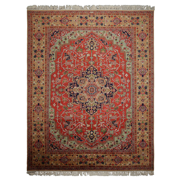 9x12 Coral, Tan, Navy Color Hand Knotted Heriz New Zealand Wool Traditional  Oriental Rug