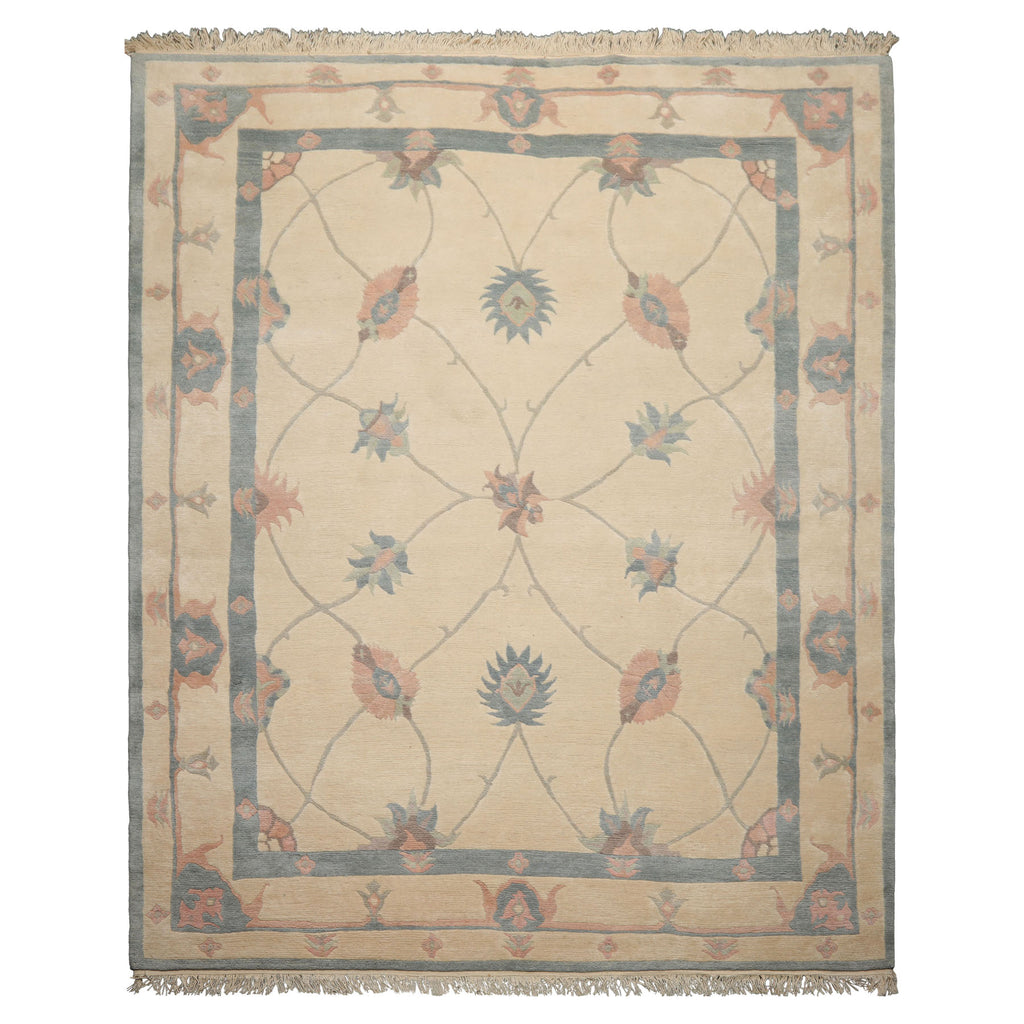 8x10 Ivory, Blue, Rose Color Hand Knotted Tibetan Wool Arts & Crafts  Oriental Rug