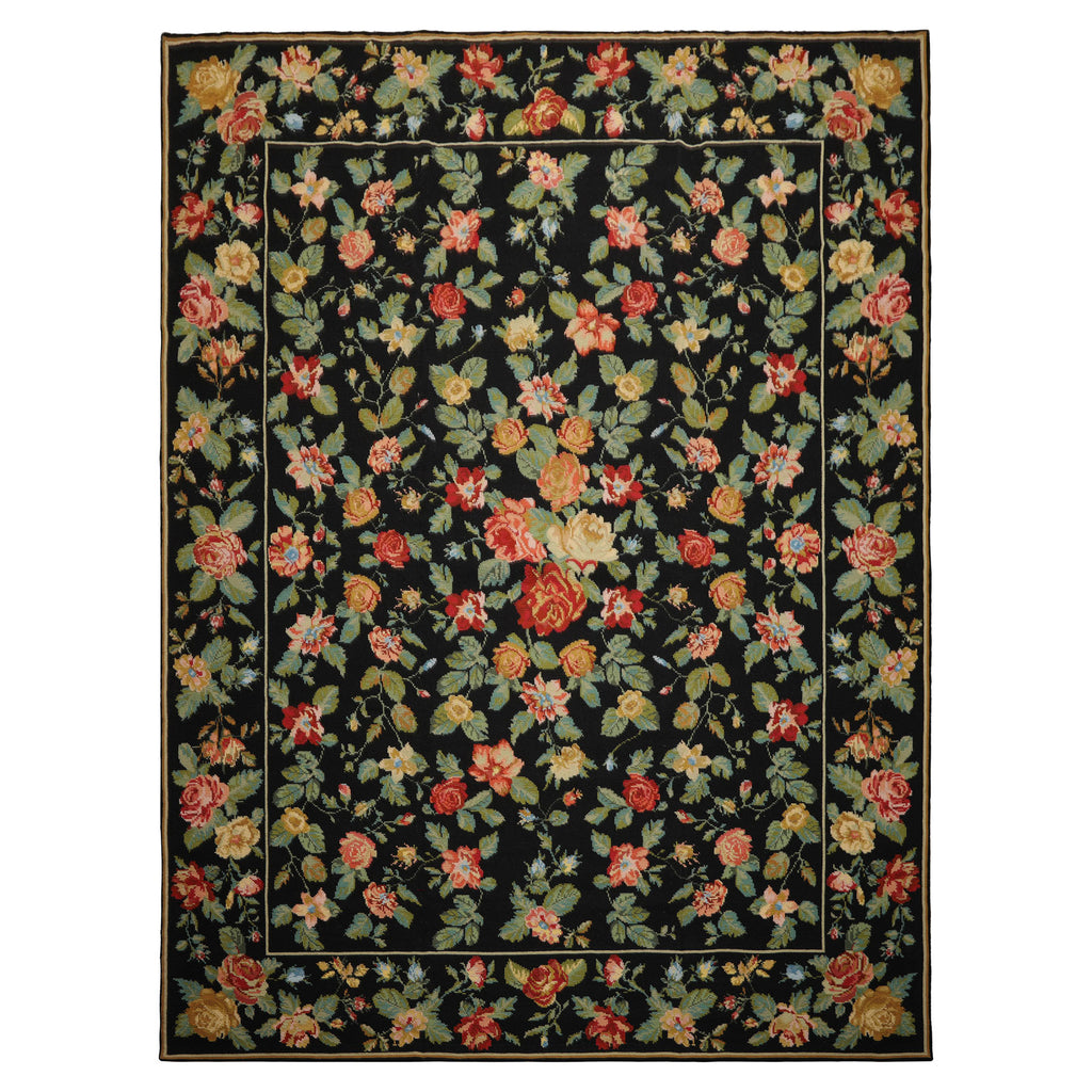 9x12 Black, Green, Orange Color Hand Woven Portugese Needlepoint Wool Traditional Oriental Rug