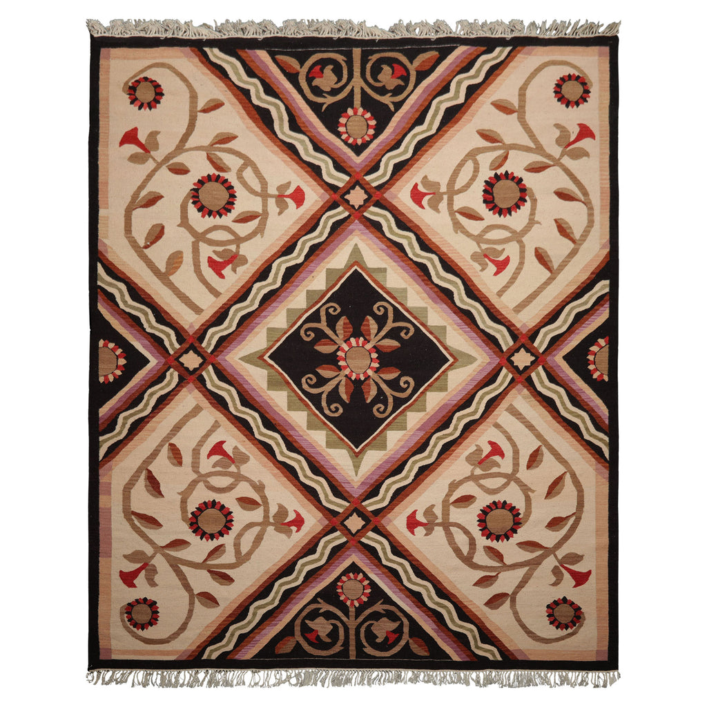 8x10 Ivory, Sage, Black Color Hand Woven Kilim Wool Traditional Oriental Rug