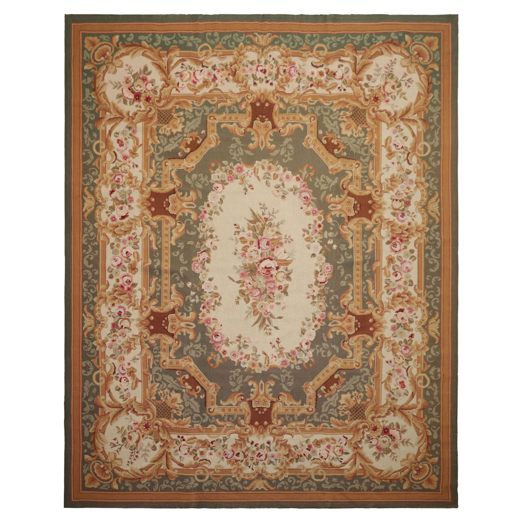 8x10 Ivory, Green, Gold Color Hand Woven Aubusson Needlepoint  Wool Traditional Oriental Rug