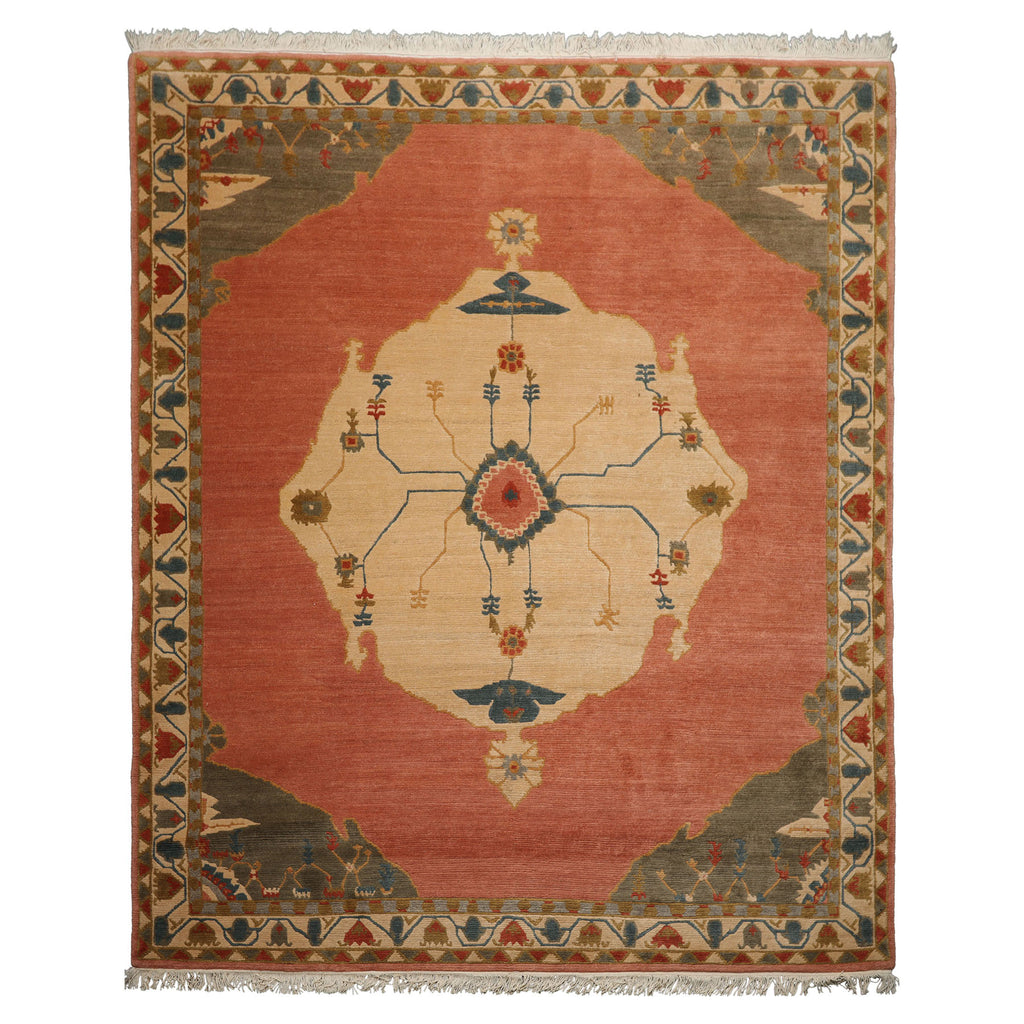 8x10 Rose, Ivory, Gray Color Hand Knotted Tibetan  Wool Traditional Oriental Rug