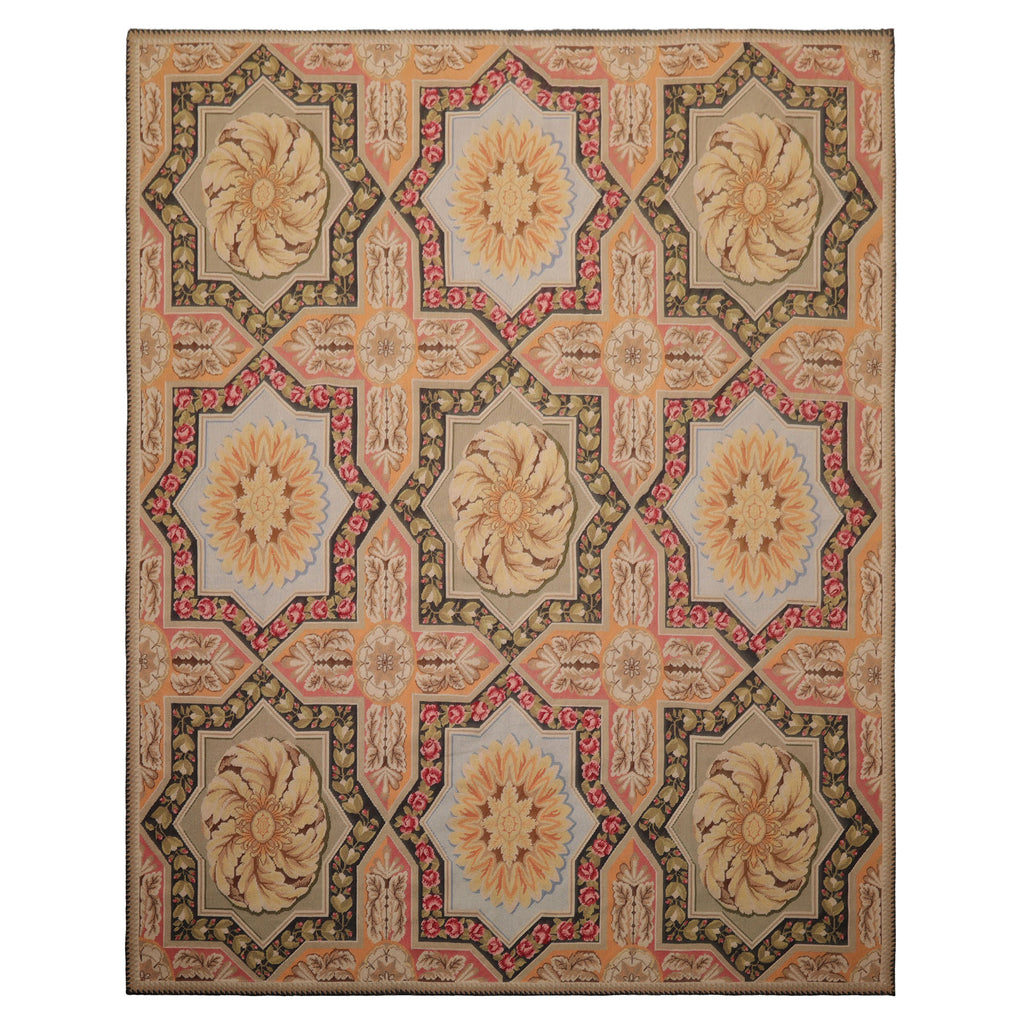8x10 Sage, Gold, Pink Color Hand Woven Aubusson Needlepoint  Wool Traditional Oriental Rug