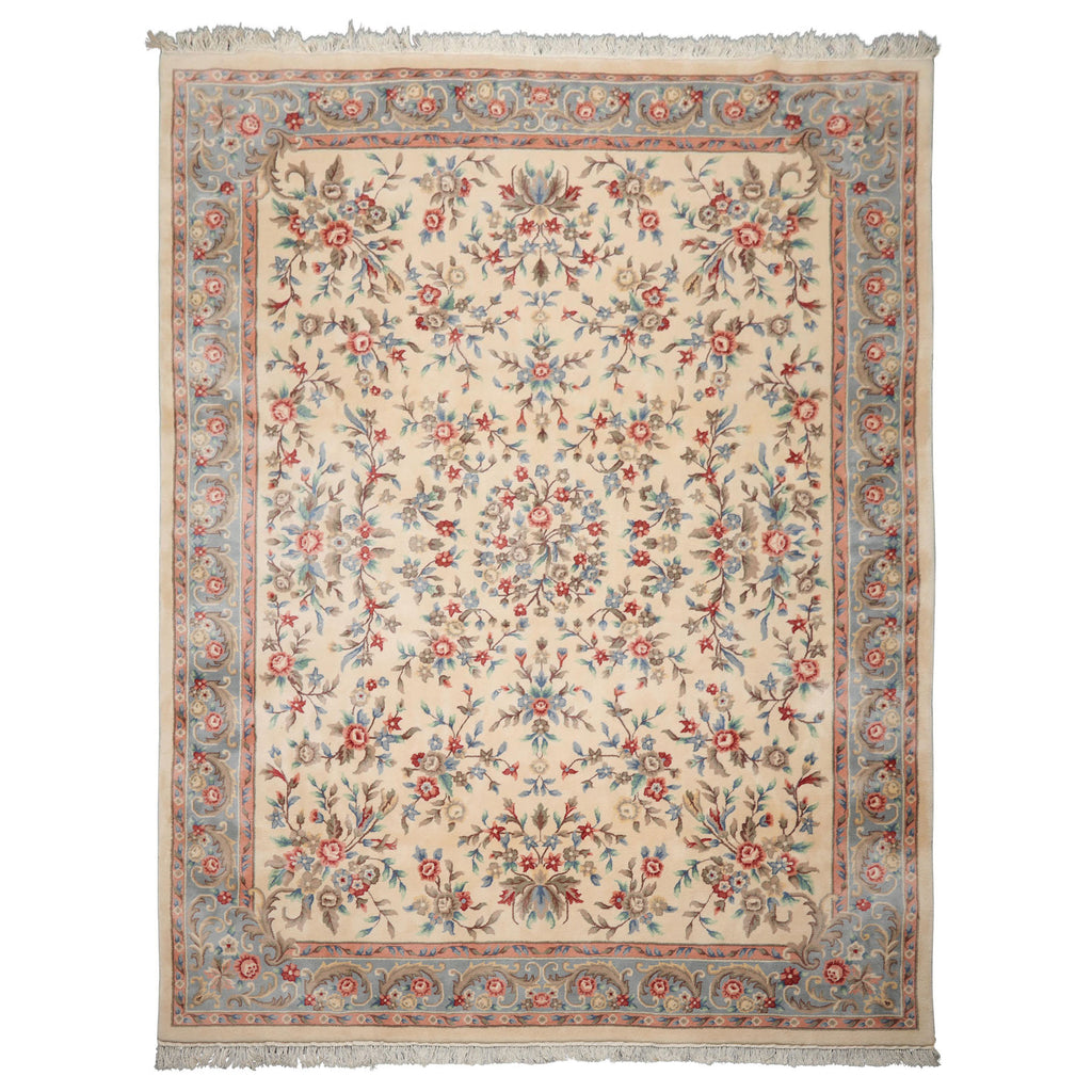 9x12 Ivory, Blue, Pink Color Hand Knotted Kerman New Zealand Wool Traditional Oriental Rug