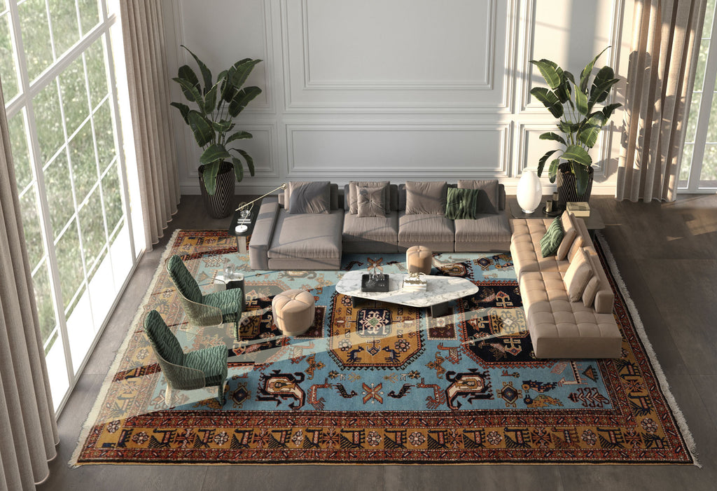 Hand Knotted Blue 8x11 Wool Kazak Traditional Rug