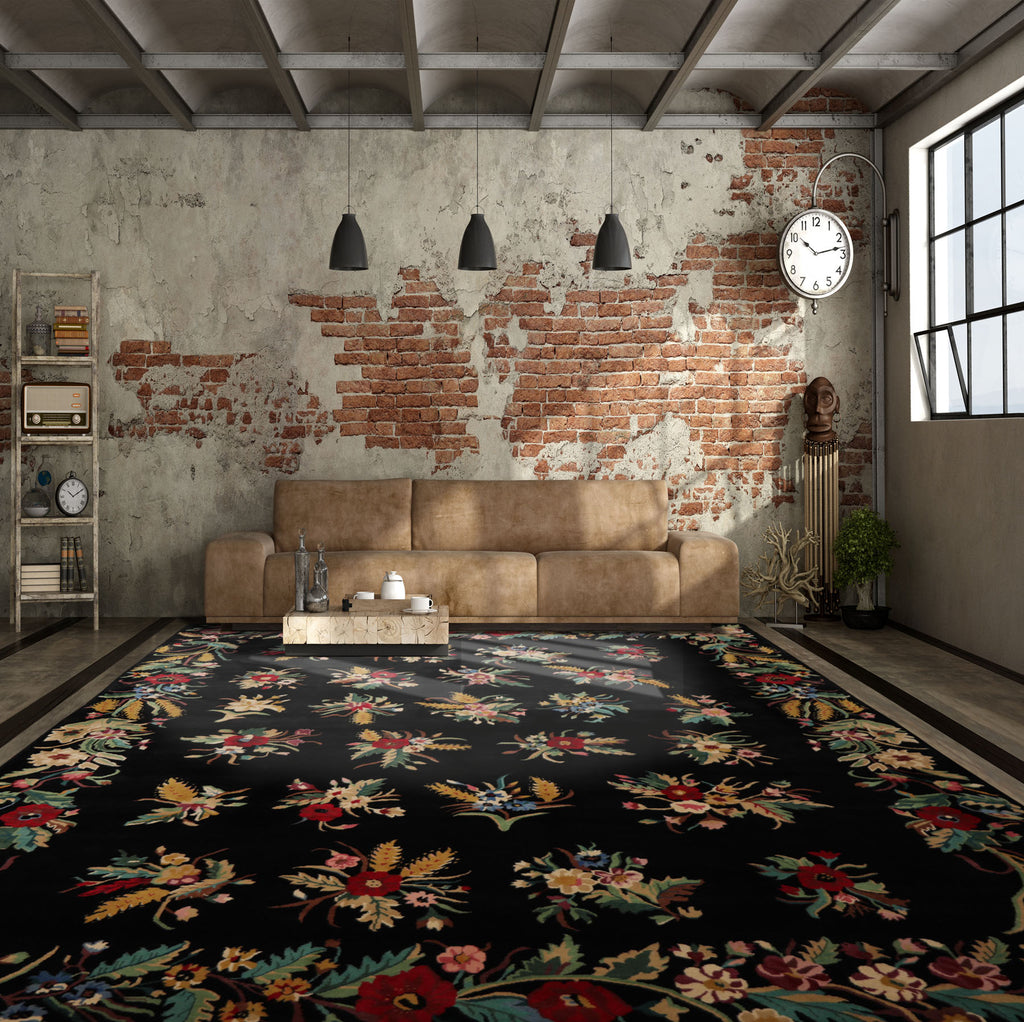 Hand Knotted Black 8x10 New Zealand Wool Art Deco Transitional Rug