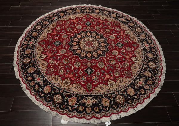 Round Fuschia, Midnight Blue, Ivory Color Hand Knotted Tabriz Round Wool & Silk Traditional Oriental Rug