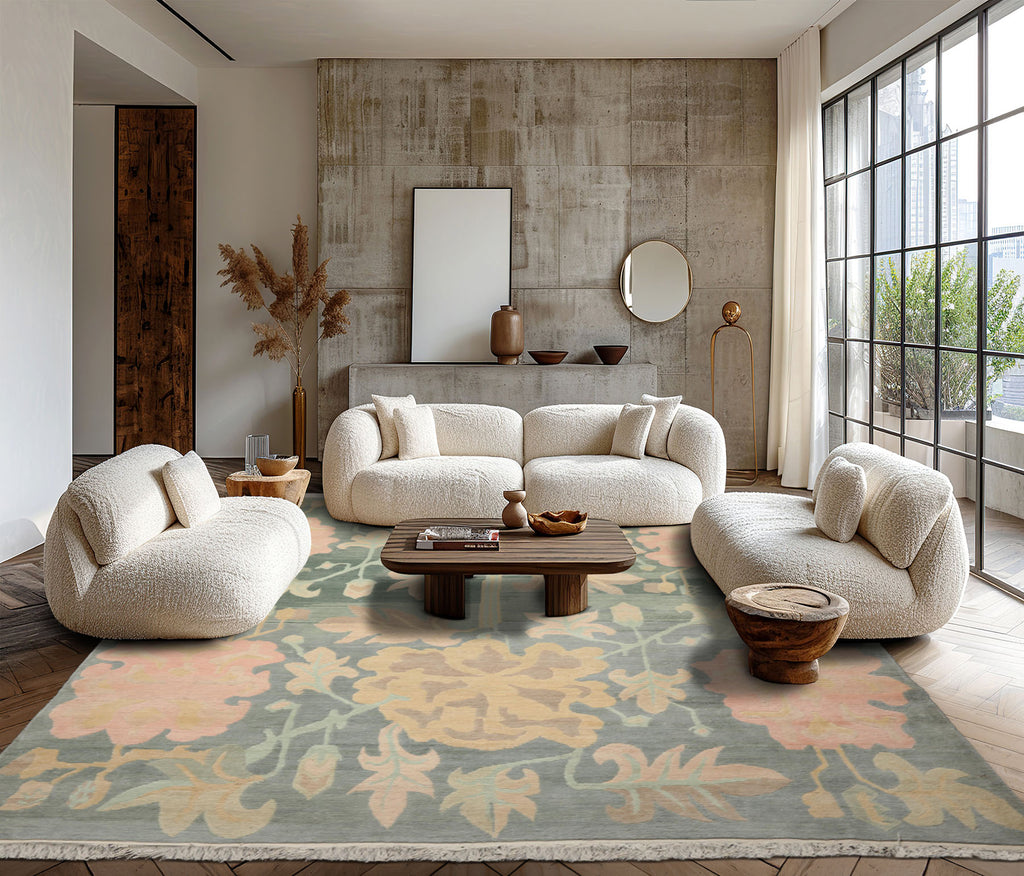 Hand Knotted Aqua 8x10 Wool Tibetan Art Deco Rug