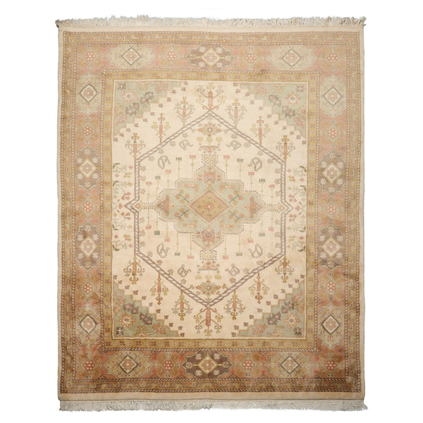 8x10 Ivory, Blush, Rose Color Hand Knotted Heriz New Zealand Wool Traditional Oriental Rug