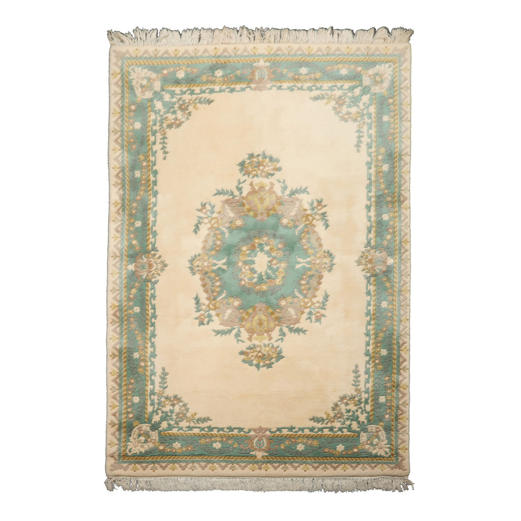 6x9 Ivory, Turquoise, Gold Color Hand Knotted French Aubusson Savonnerie Wool Traditional Oriental Rug