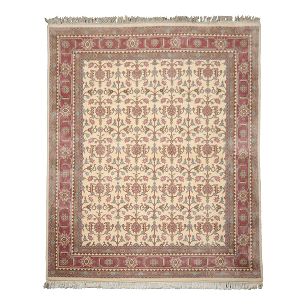 8x10 Ivory, Plum, Aqua Color Hand Knotted Herati New Zealand Wool Traditional Oriental Rug