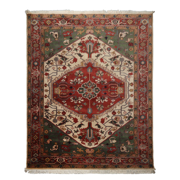 8x10 Ivory, Rust, Green Color Hand Knotted Arts & Crafts New Zealand Wool Arts & Crafts Oriental Rug