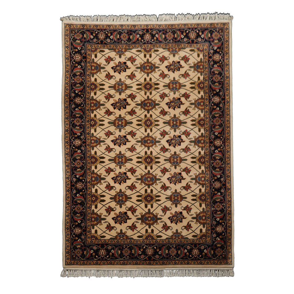 6x9 Ivory, Navy, Green Color Hand Knotted Agra Wool Traditional Oriental Rug