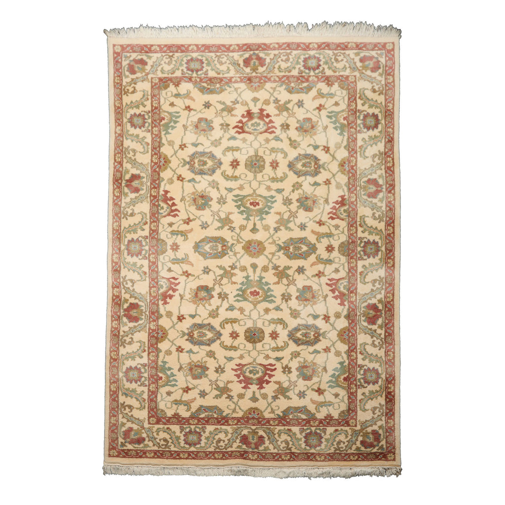 6x9 Ivory, Raspberry, Aqua Color Hand Knotted Oushak New Zealand Wool Arts & Crafts Oriental Rug