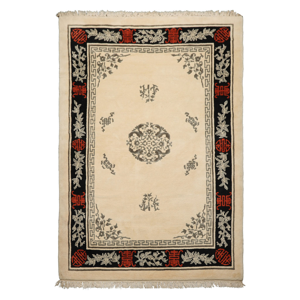 6x9 Ivory, Black, Orange Color Hand Knotted Chinese Art Deco New Zealand Wool Traditional Oriental Rug