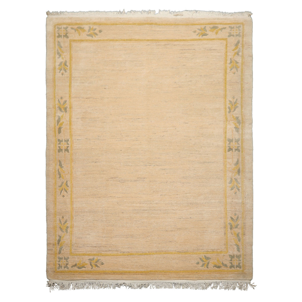 6x9 Oatmeal, Gold, Gray Color Hand Knotted Tibetan New Zealand Wool Art Deco Oriental Rug