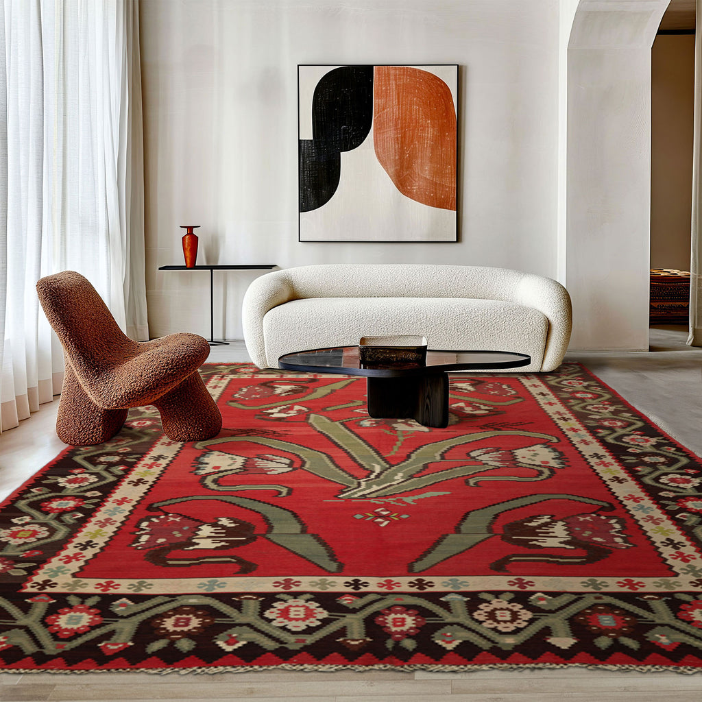 6'9''x10 Raspberry Hand Woven Wool Kilim Tribal Vintage Turkish in pristine condition Vegetable dyes South western Area Rug