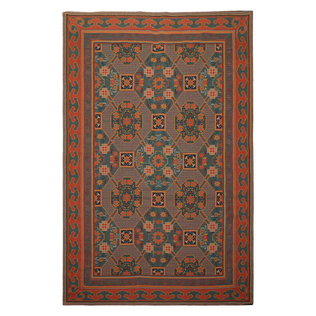 6x9 Teal, Orange, Gold Color Hand Woven French Needlepoint Wool Art Deco Oriental Rug