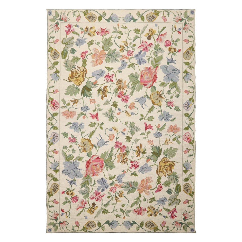 6x9 Ivory, Green, Pink Color Hand Woven Caucasian Needlepoint Wool Traditional Oriental Rug