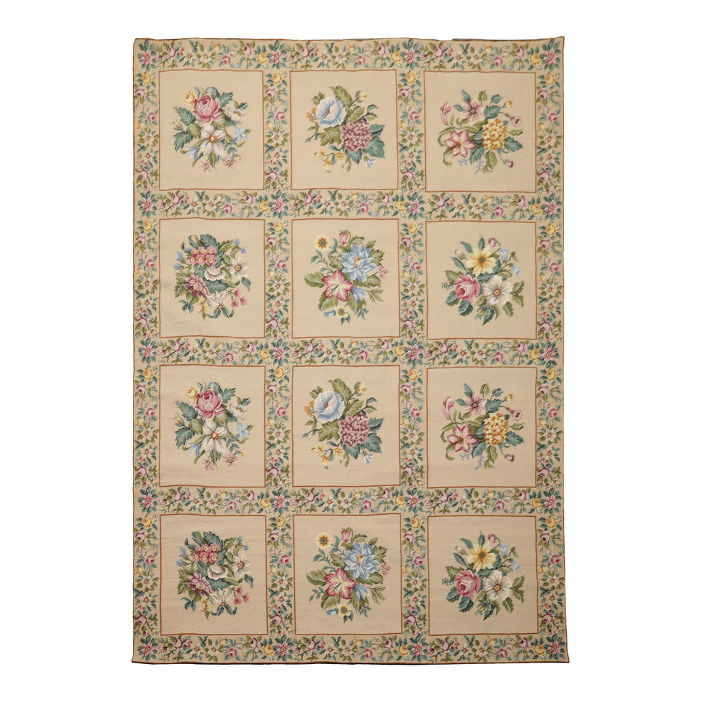 6x9 Khaki, Green, Blue Color Hand Woven French Needlepoint Wool Traditional Oriental Rug
