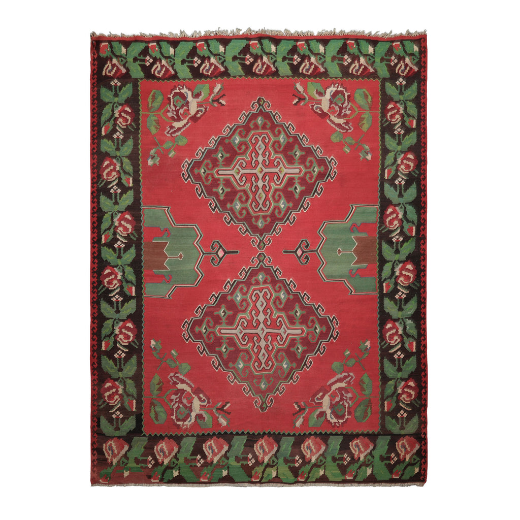 7x9 Crimson, Brown, Green Color Hand Woven Kilim Wool Arts & Crafts Oriental Rug