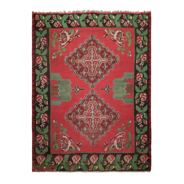 7x9 Crimson, Brown, Green Color Hand Woven Kilim Wool Arts & Crafts Oriental Rug