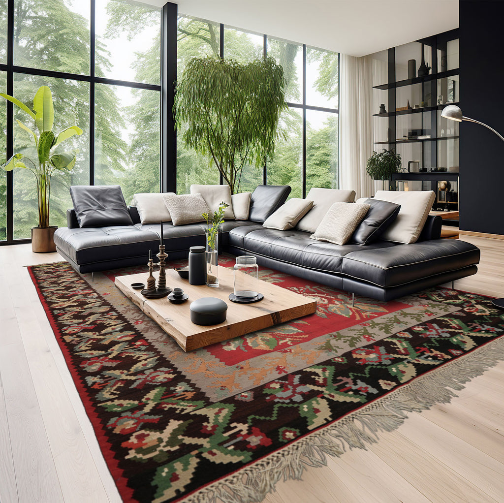 Crimson  7'1''x11'3'' Hand Woven Wool Kilim Arts & Crafts Vintage in pristine condition Oriental Area Rug