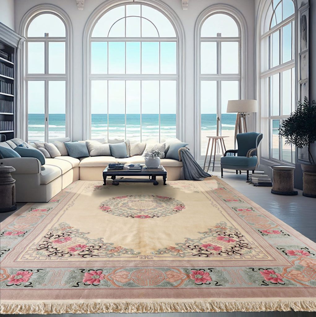 10x14 Ivory, Rose, Aqua Color Hand Knotted Aubusson Savonnerie Wool Traditional Oriental Rug