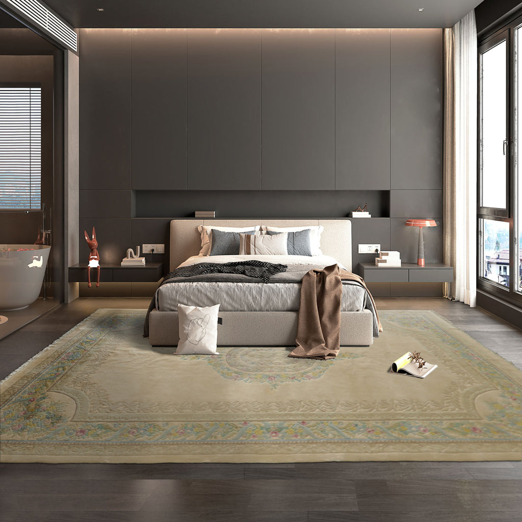 11x18 Beige, Tan, Aqua Color Hand Knotted Aubusson Savonnerie Wool Traditional Oriental Rug