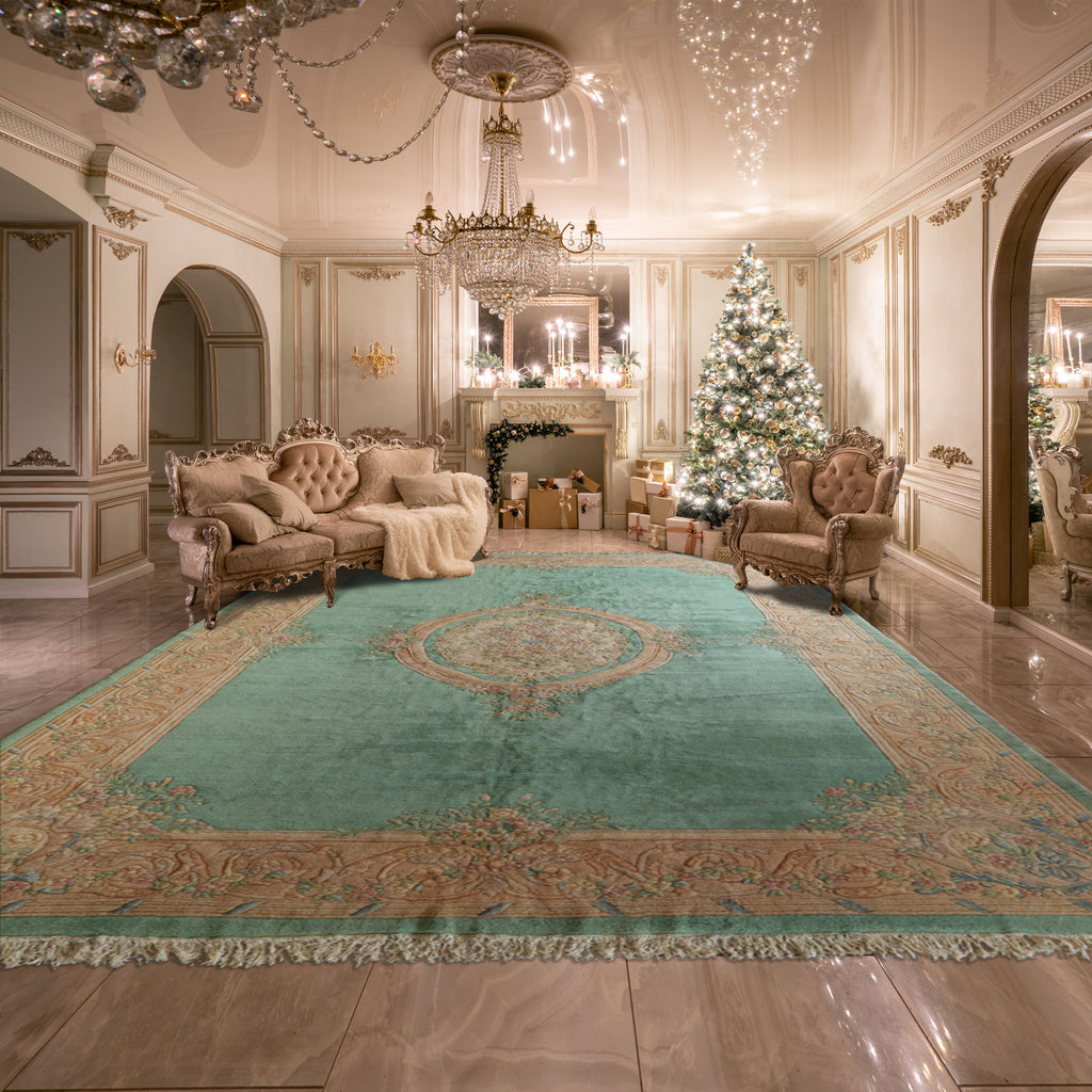 Oversize Sea Foam, Green, Light Peach Color Hand Knotted Aubusson Savonnerie Wool Traditional Oriental Rug