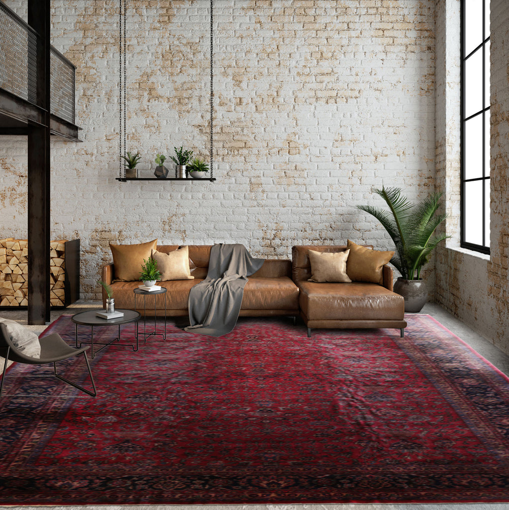 Oversize Deep Wine Red, Midnight Blue, Navy Color Hand Knotted Agra Wool Traditional Oriental Rug