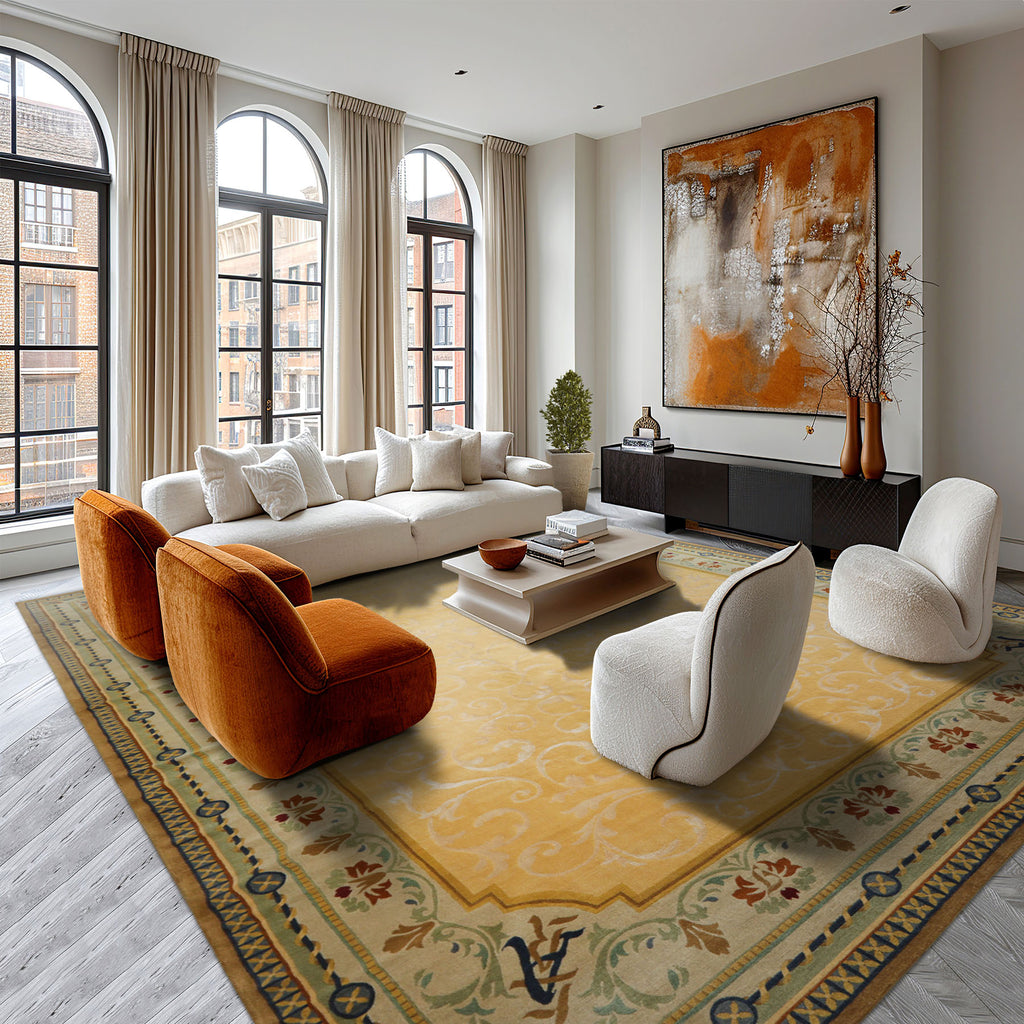 Oversize Light Gold, Mint, Navy Color Hand Knotted Tibetan? Wool and Silk Traditional Oriental Rug