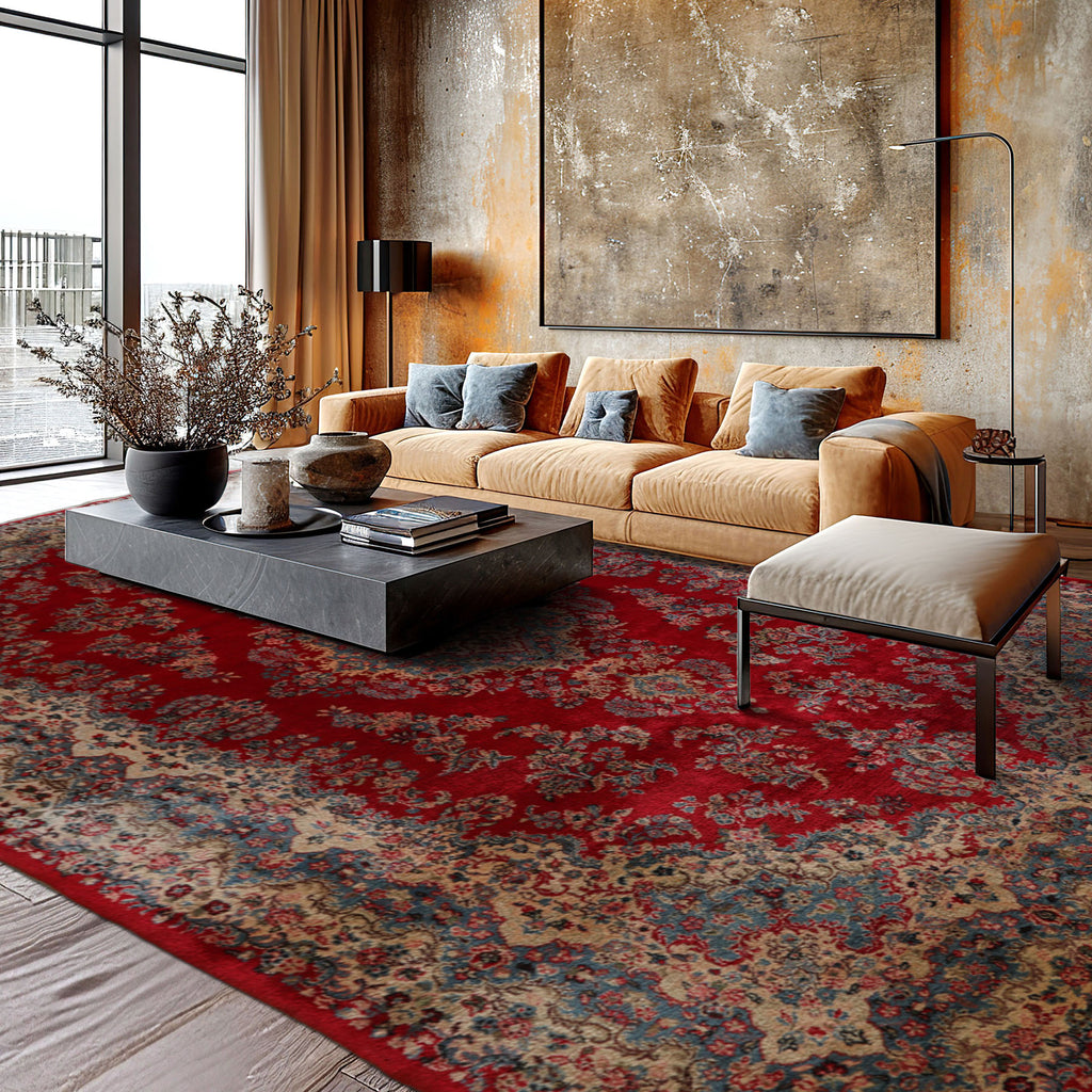 12x18 Red, Aqua, Ivory Color Hand Knotted Kerman Wool Traditional Oriental Rug