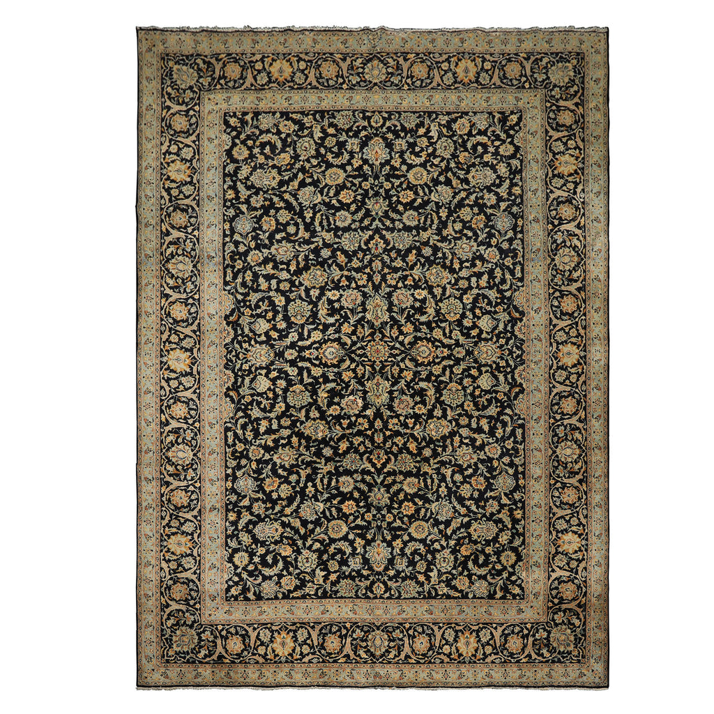 10x14 Black, Ivory, Mint Color Hand Knotted Kashan Wool Traditional Oriental Rug