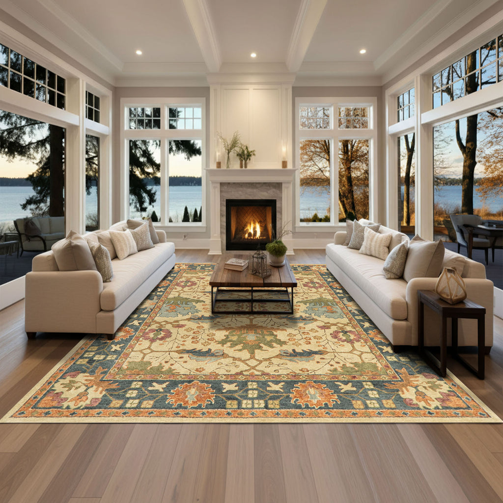 Multi Size Light Gold Blue Burnt Orange Color Hand Tufted  Wool  Oriental Rug