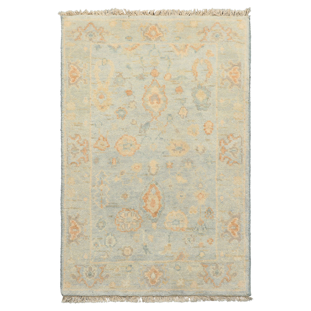 2x3 Blue, Beige, Caramel Color Hand Knotted Oushak Wool Transitional Oriental Rug