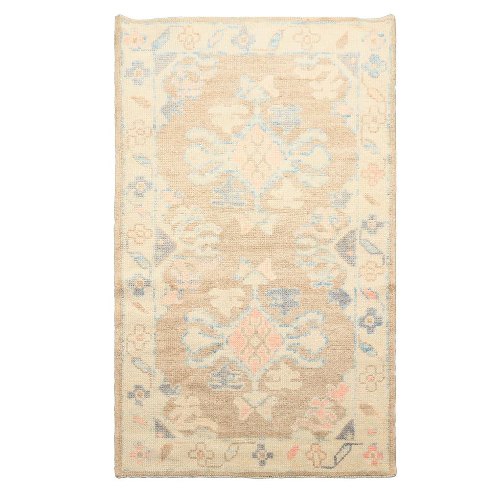 3x5 Tan, Ivory, Rust Color Hand Knotted Oushak Wool Transitional Oriental Rug