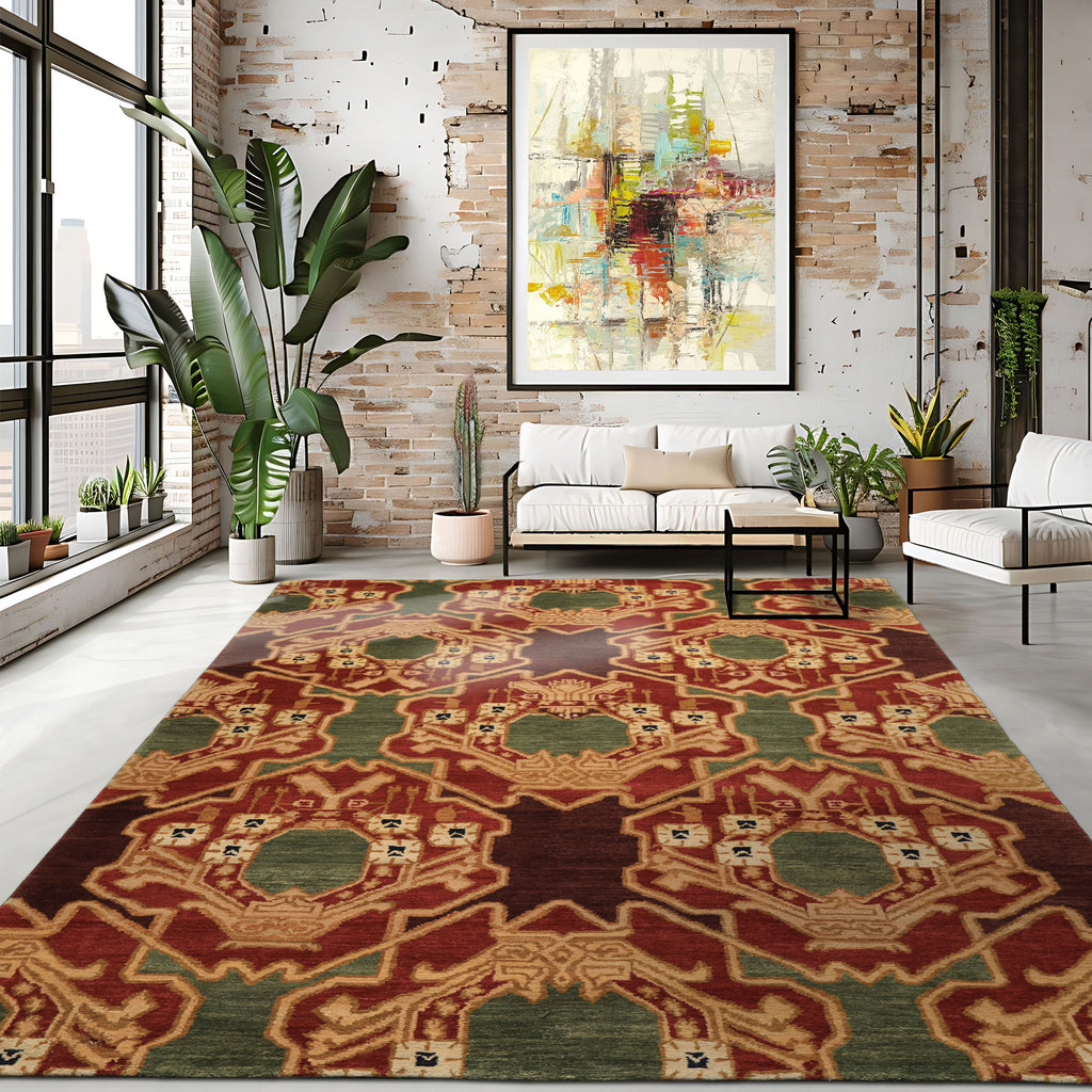 6x9 Sage, Rust, Maroon Color Hand Knotted Tibetan Wool Arts & Crafts Oriental Rug