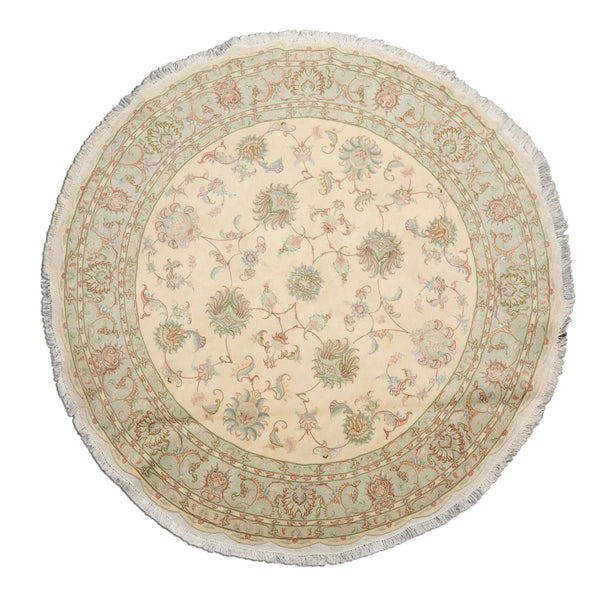Round Ivory, Mint, Aqua Color Hand Knotted Tabriz Round Wool & Silk Traditional Oriental Rug