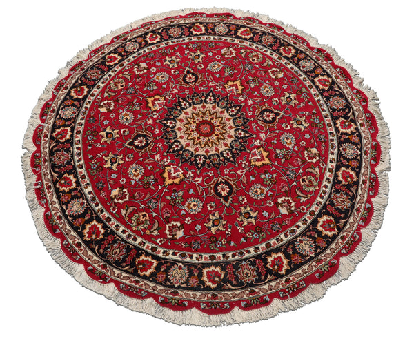 Round Burgundy, Black, Ivory Color Hand Knotted Tabriz Round Wool & Silk Traditional Oriental Area Rug