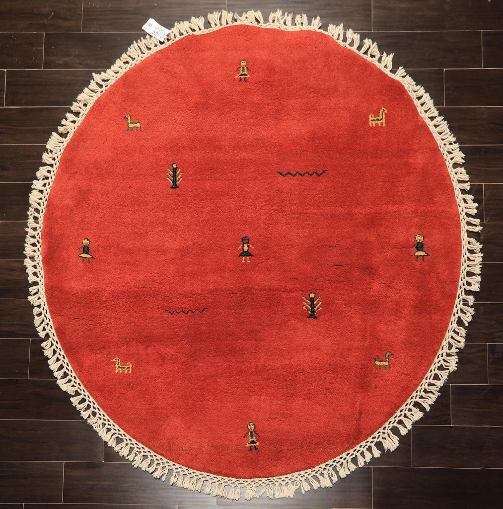 Round Coral, Gold, Black Color Hand Knotted Gabbeh Wool Modern & Contemporary Oriental Rug