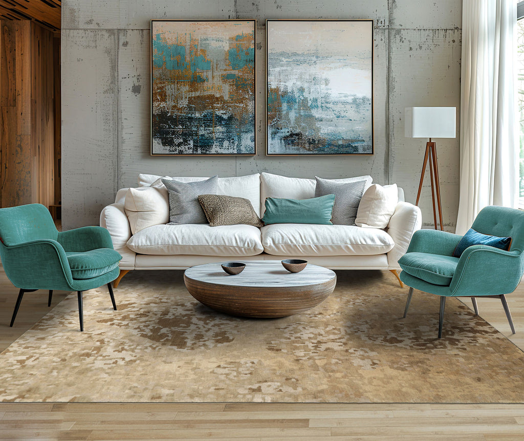 6x9 Beige, Brown, Gray Color Hand Knotted Tibetan Wool & Silk Modern & Contemporary Oriental Rug