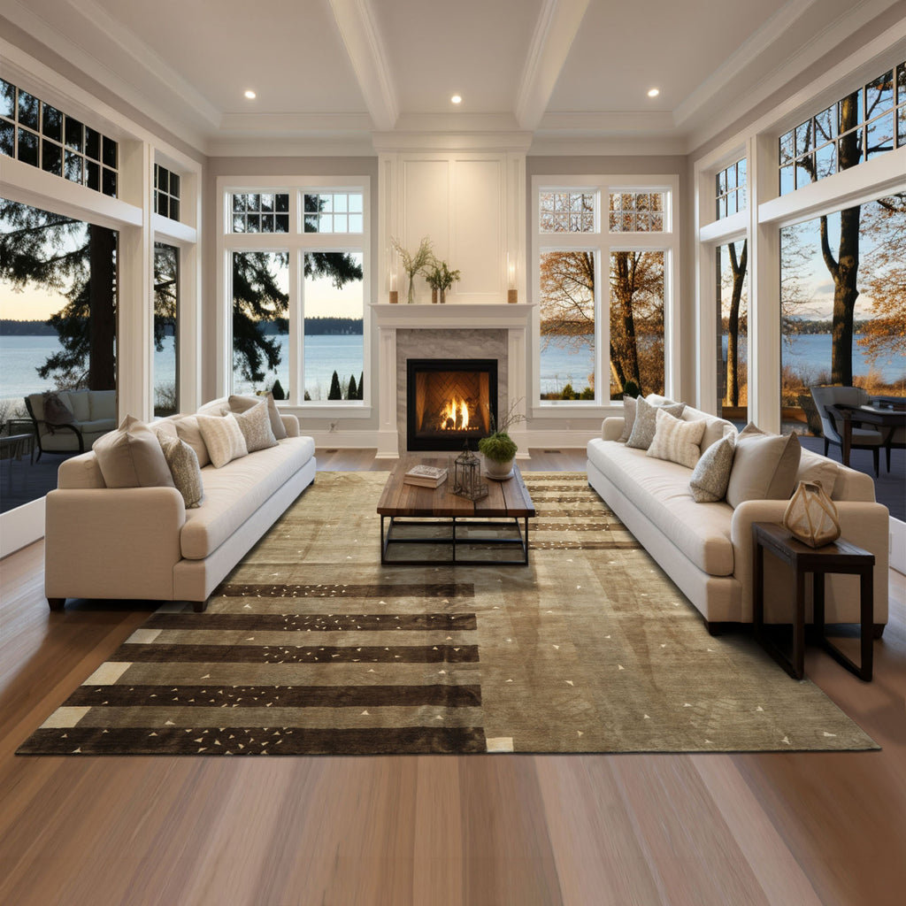 Multi Size Moss Gray Brown Color Hand Knotted Tibetan Wool & Silk Modern & Contemporary Oriental Rug