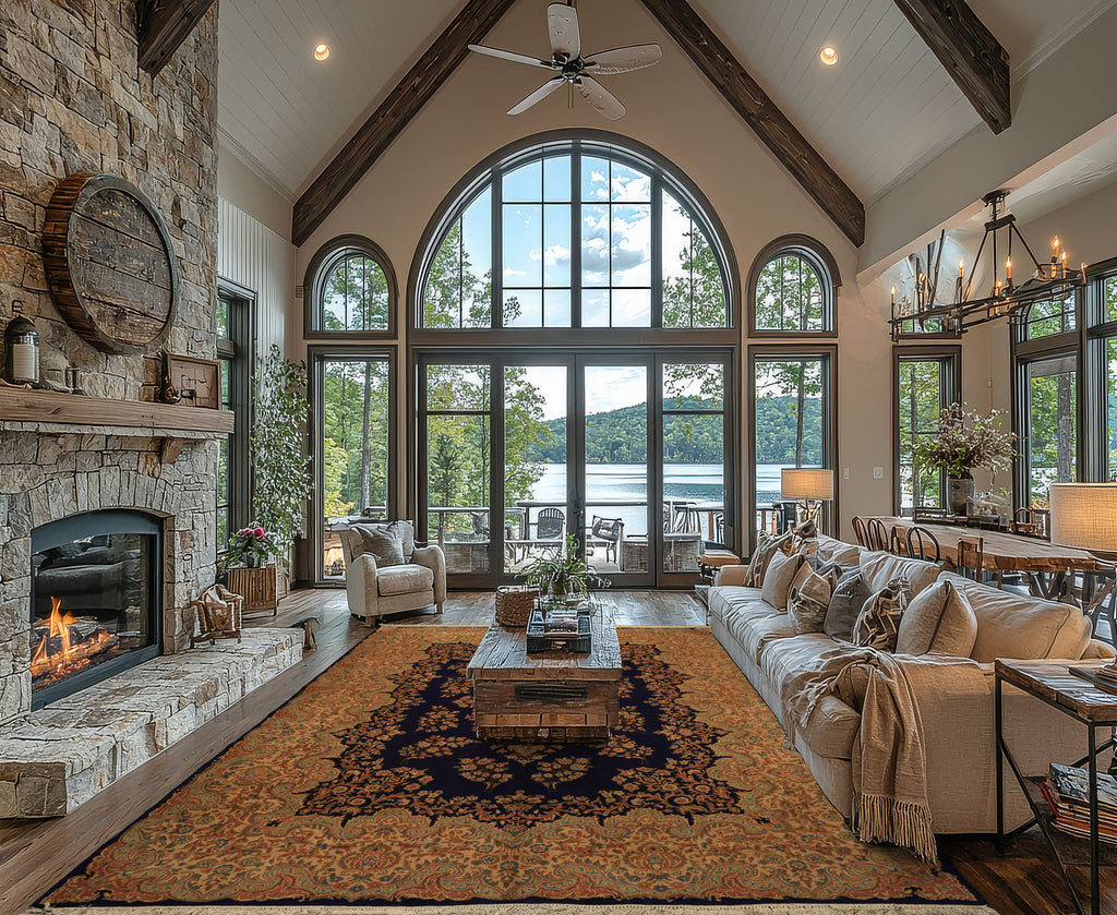 9x12 Navy, Gold, Turquoise Color Hand Knotted Kerman Wool Traditional Oriental Rug